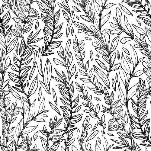 black white hand-drawn pattern of leaves. for use in office, fabric, wrapping