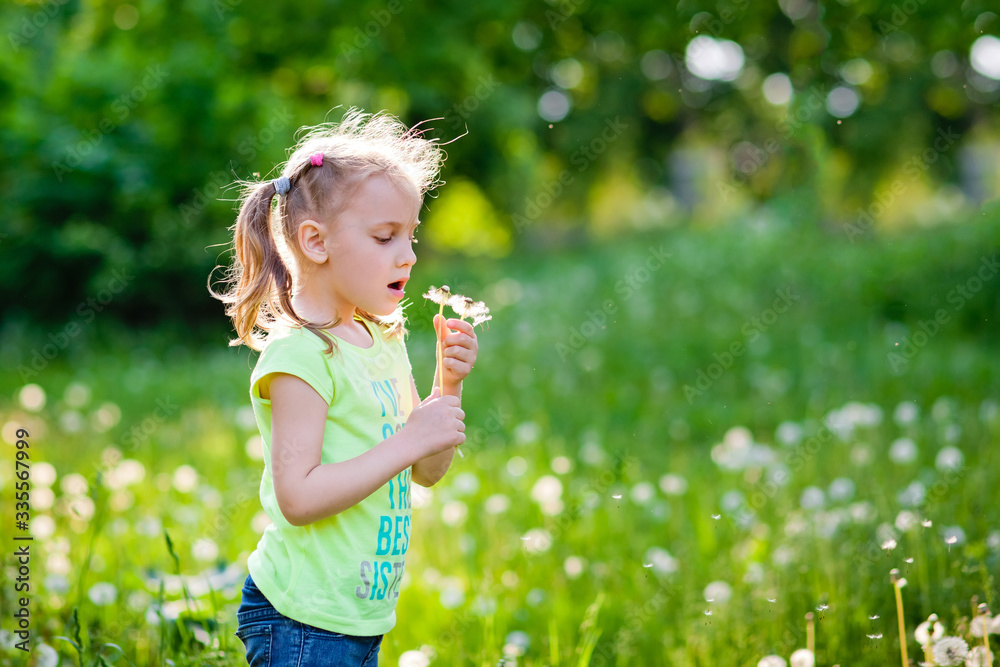 Happy small girl blowing dandelion flower outdoors. Girl having fun in spring park. Blurred background in sunset Happy small girl blowing dandelion flower outdoors. Girl having fun in spring park. Blurred background in sunset