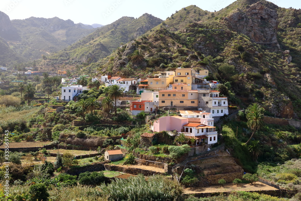 Colorful homes in Vallehermoso town and valley on the island of La Gomera, Canary Islands, Spain