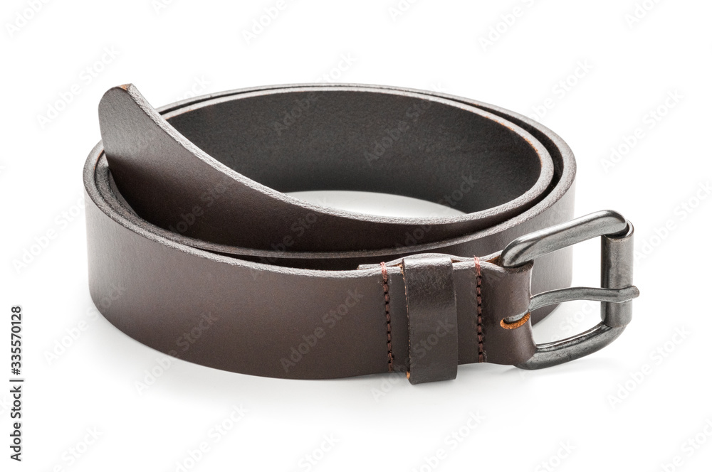 Close-up of dark brown leather belt strap curled up on a white background. Isolated with clipping path photo. Close-up of dark brown leather belt strap curled up on a white background. Isolated with clipping path photo.