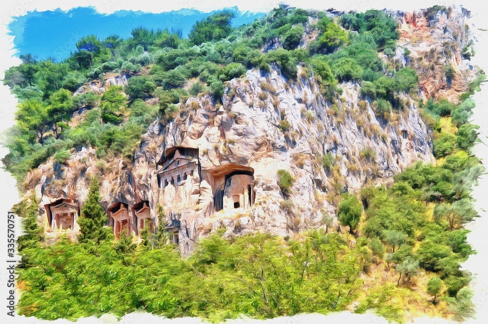 Ancient Lycian tombs. Imitation of a picture. Oil paint. Illustration Ancient Lycian tombs. Imitation of a picture. Oil paint. Illustration