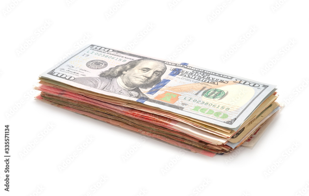 Closeup of isolated dollar banknotes stacking on white background. Closeup of isolated dollar banknotes stacking on white background.