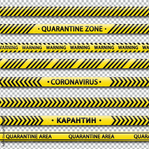 Quarantine zone yellow warning tape set.Novel coronavirus outbreak. Coronavirus danger stripe, attention line. © ku4erashka