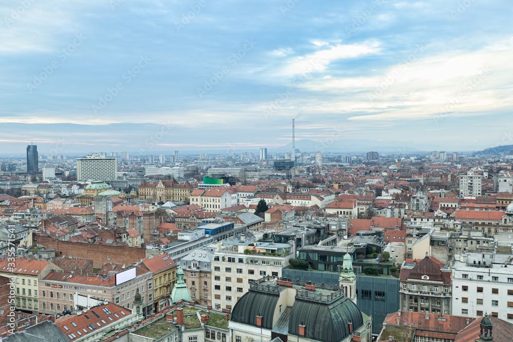 Zagreb skyline view with red rooftops, Croatia