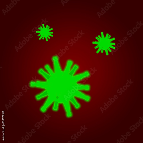 Coronavirus in the human body. Vector illustration. Covid19 infection. The causative agent of SARS. Neon virus on an isolated red-black background. Bacteria under the microscope. Contagious disease. 