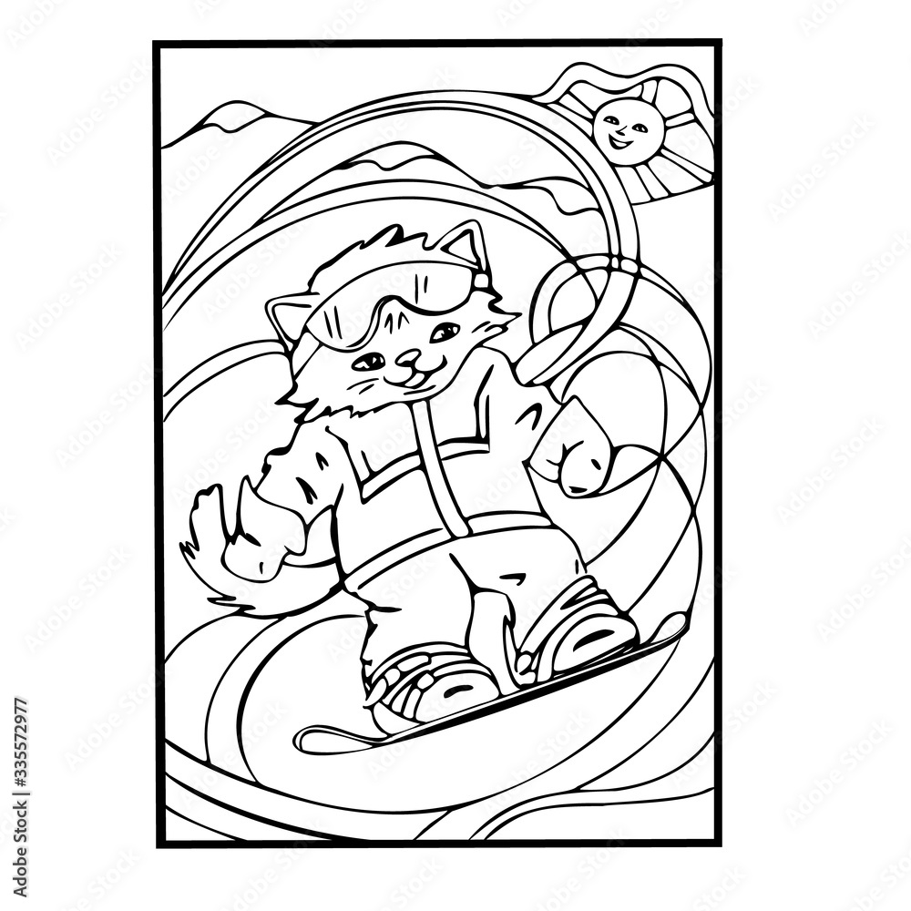 Coloring page. Cat on the snowboard. Vector illustration.