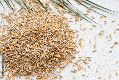 oatmeal grains on a white background scattered with a palm branch