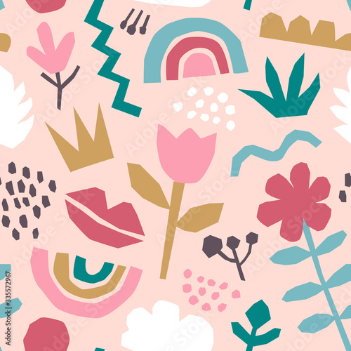 Cut out shapes seamless pattern on pink background with rainbows and flowers. Contemporary trendy texture for fabric and cover design. Cute collage.