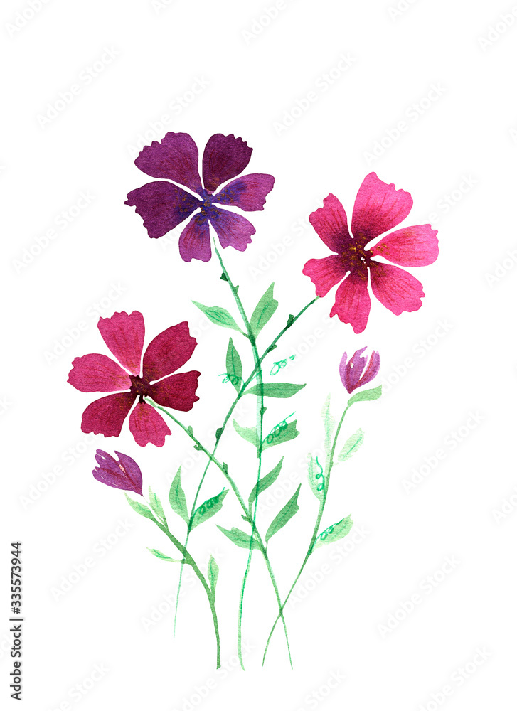 Watercolor spring bouquet of fancy purple flowers isolated on a white background. Hand drawing.