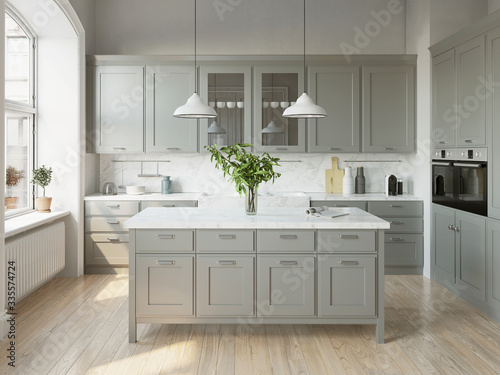 3d rendering of a light grey scandinavian kitchen with island
 photo