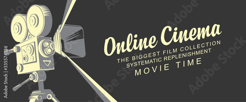 Online cinema concept poster with old fashioned movie projector. Vector illustration with vintage camera and inscriptions in retro style. Movie time. Suitable for web page, background, advertising