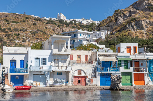 Coloured houses in Klima beach with Trypiti village in background