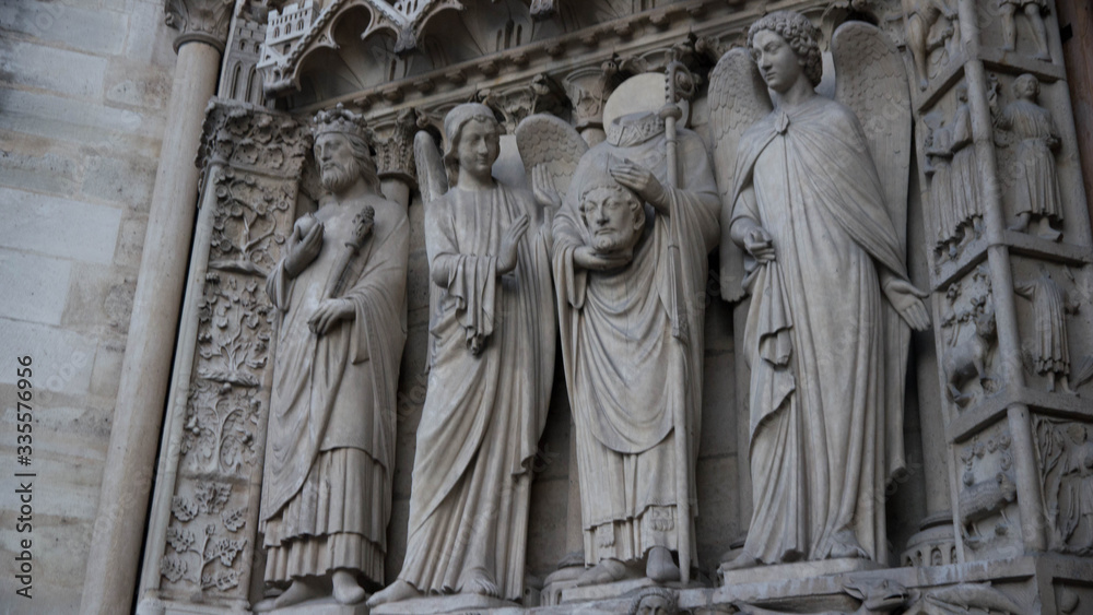 Detail of the facade of the cathedral of Notre Dame Paris