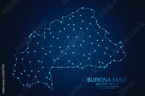 Abstract mesh line and point scales on dark background with map of Burkina Faso. Wire frame 3D mesh polygonal network line, design sphere, dot and structure. Vector illustration eps 10