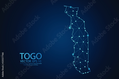 Abstract mesh line and point scales on dark background with map of Togo. Wire frame 3D mesh polygonal network line, design sphere, dot and structure. Vector illustration eps 10.