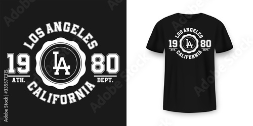 T-shirt graphic design in varsity style. Los Angeles California typography t shirt and apparel design. College style print on t-shirt mockup