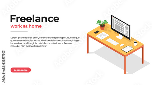 Freelancer workplace, working at home and home office concept. Freelance jobs and vacancies concept. Desktop computer, home plant, coffee and smartphone on the desk, isometric view