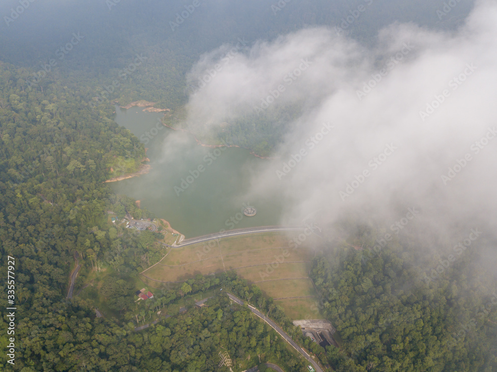Aerial look down Air Itam Dam in cloudy morning.