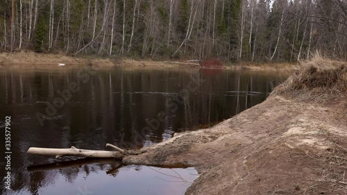 in early spring, a river flows against the background of a forest