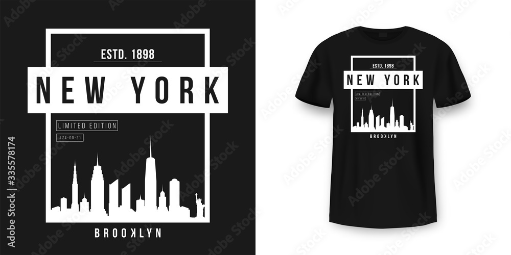 Fototapeta premium T-shirt graphic design with New York skyline silhouette in minimalistic style. New York City typography t shirt and apparel design. Urban and authentic print on t-shirt mockup