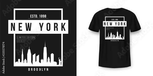 T-shirt graphic design with New York skyline silhouette in minimalistic style. New York City typography t shirt and apparel design. Urban and authentic print on t-shirt mockup