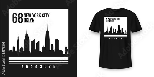 T-shirt graphic design with New York skyline silhouette in minimalistic style. New York City typography t shirt and apparel design. Urban and authentic print on t-shirt mockup