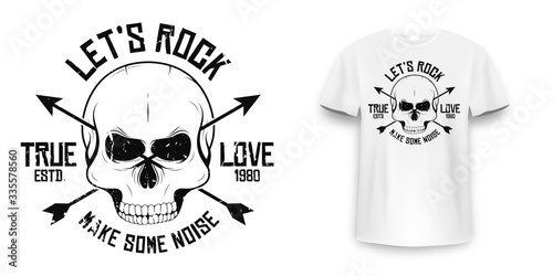 Rock and roll t-shirt graphic design with skull. Rock music slogan for t-shirt print and poster. Skull with grunge texture in vintage and hipster style