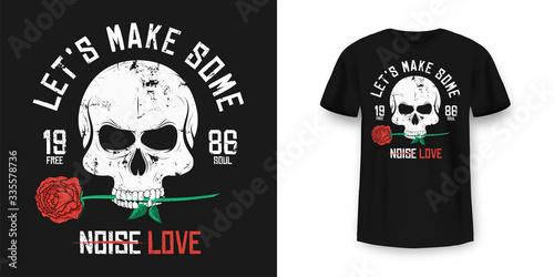 Rock and Roll t-shirt design. Skull is biting and holding red rose. Vintage rock music style graphic for t-shirt print, slogan t-shirt print