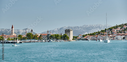 Seaview of Trogir, Croatia, cityscape from level of water, tower, boats