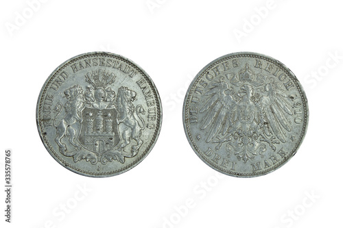 Germany Empire Hamburg silver coin 3 three mark 1910, lions support shield with fortress, knight’s helmet on top, imperial eagle with shield on chest, crown with ribbon above,