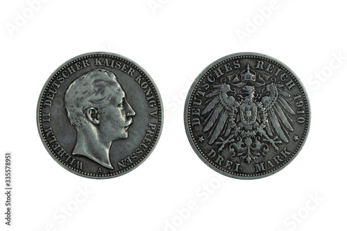 Germany German Prussia Prussian silver coin 3 three mark 1910, head of Kaiser Wilhelm II , imperial eagle with shield on chest surrounded by order chain