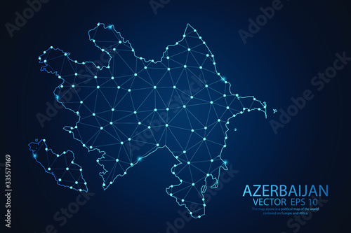 Abstract mash line and point scales on Dark background with map of Azerbaijan. Wire frame 3D mesh polygonal network line, design polygon sphere, dot and structure. Vector illustration eps 10.