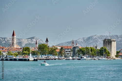 Seaview of Trogir, Croatia, cityscape from level of water, tower, boats