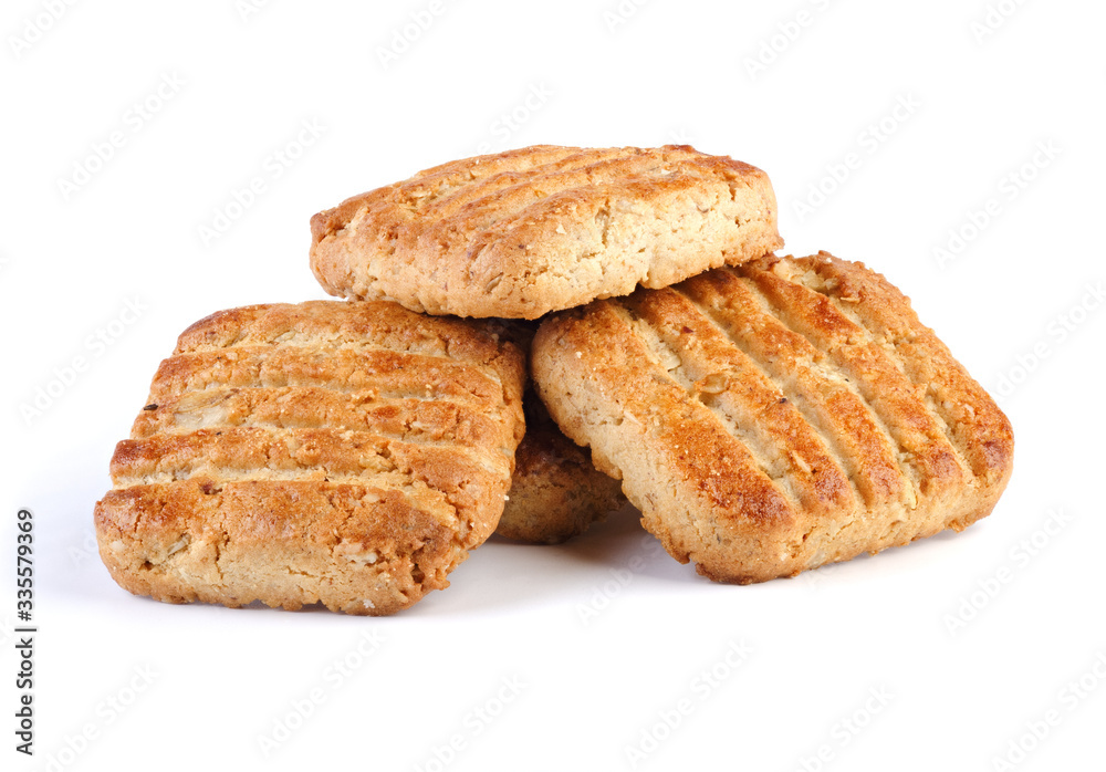 Fresh Cookies Isolated on White Background. Stack Of Digestive Biscuits Closeup. Highly Retouched, Full Depth of Field.