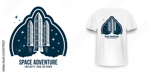 Space badge with spaceship, rocket launch. Vintage astronaut label, patch or embroidery for t-shirt print. T-shirt graphic in space concept