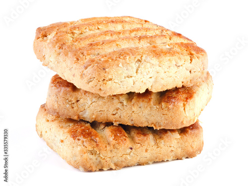 Biscuits Isolated on White Background. Oatmeal Cookies Pile Closeup. Highly Retouched, Full Depth of Field. Healthy Food.
