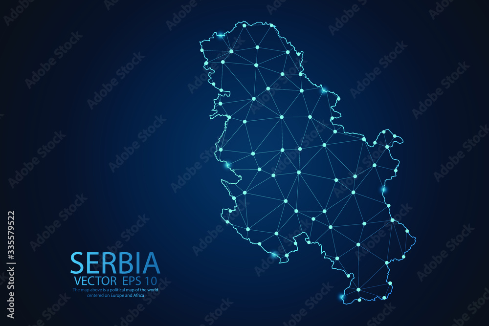 Obraz premium Streszczenie linii zacieru i skale punktowe na ciemnym tle z mapą Serbii. Siatka druciana, siatka 3D, wielokątna linia sieci, projektowanie wielokątnej kuli, kropki i struktury. Ilustracja wektorowa eps 10.