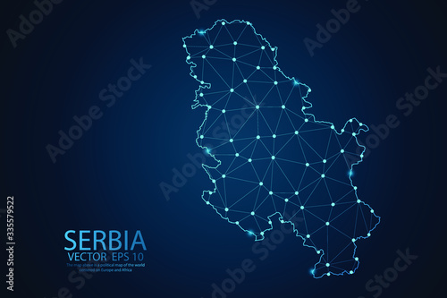 Abstract mash line and point scales on Dark background with map of Serbia. Wire frame 3D mesh polygonal network line, design polygon sphere, dot and structure. Vector illustration eps 10.