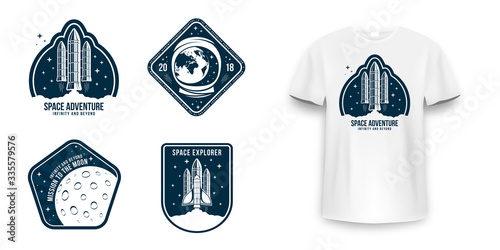 Space badge with spaceship, rocket launch and astronaut helmet. Vintage astronaut label, patch or embroidery for t-shirt print. T-shirt graphic in space concept