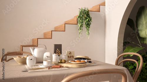 Vintage retro dining room with wooden table and chairs, breakfast buffet, rattan classic pendant lamps, parquet floor, archways with potted plants, minimal staircase, interior design