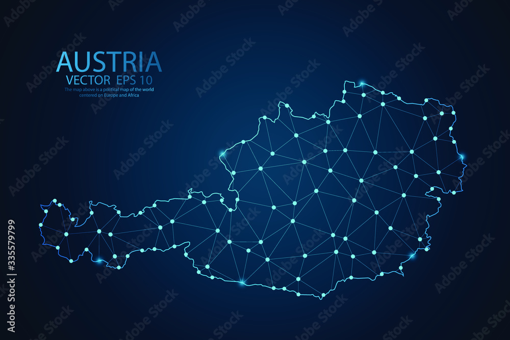 Abstract mash line and point scales on Dark background with map of Austria. Wire frame 3D mesh polygonal network line, design polygon sphere, dot and structure. Vector illustration eps 10.