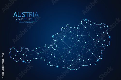 Abstract mash line and point scales on Dark background with map of Austria. Wire frame 3D mesh polygonal network line, design polygon sphere, dot and structure. Vector illustration eps 10.
