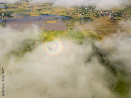 Aerial view rainbow halo over cloud and paddy field.