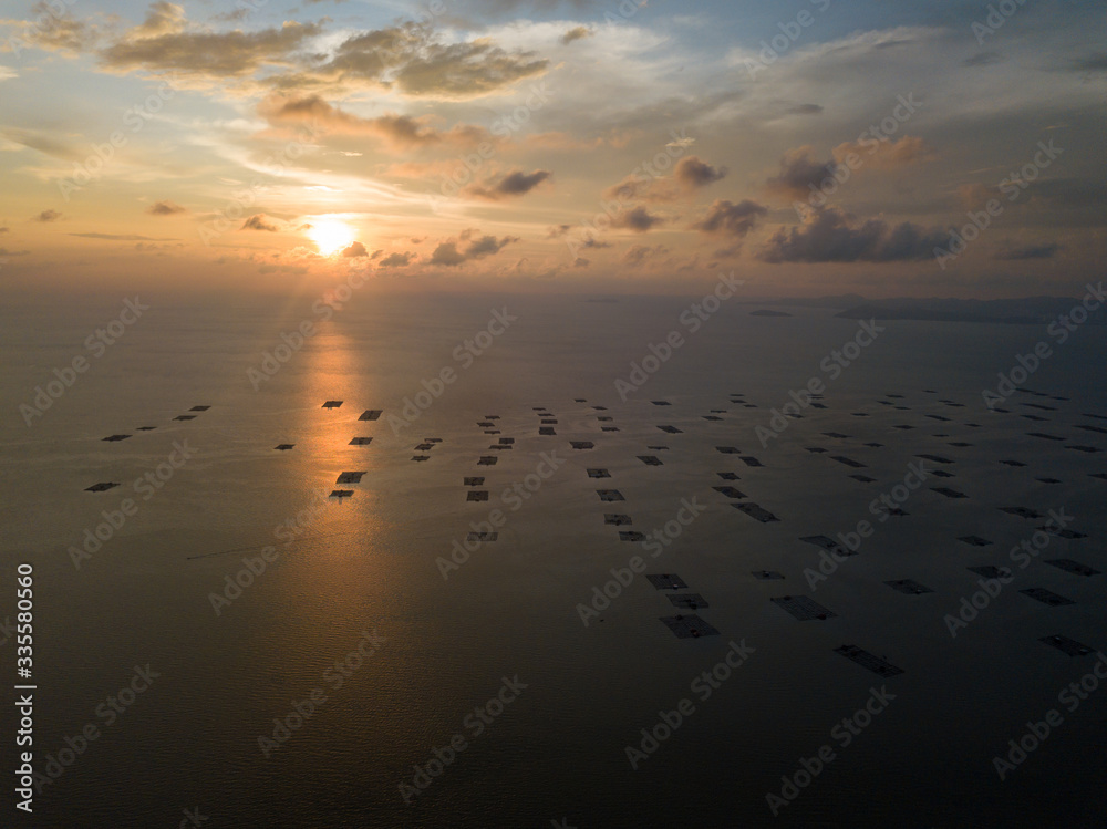 Aerial sunset at fish farm. Aerial sunset at fish farm.