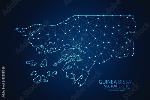Abstract mash line and point scales on dark background with Map of Guinea Bissau. Wire frame 3D mesh polygonal network line, polygon design sphere, dot and structure. Vector illustration eps 10.