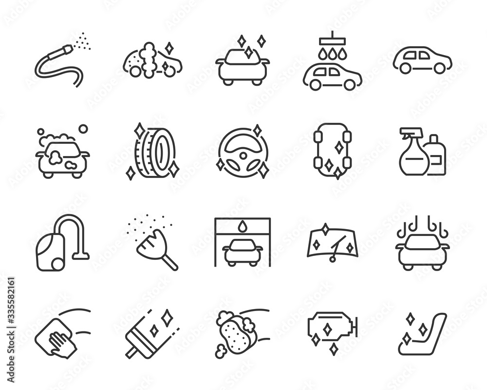 set of car wash icons, washing, wax, car care