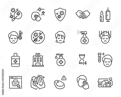 set of coronavirus icons, virus, wash hand, flu, ill