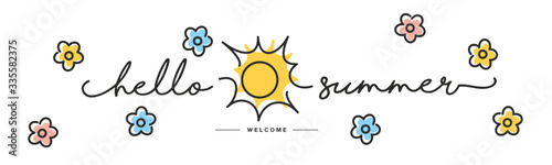 Hello Summer handwritten typography lettering text line design sun colorful flowers draw white isolated background banner