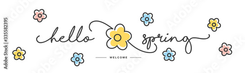 Hello Spring handwritten typography lettering text line design colorful flowers draw white isolated background banner