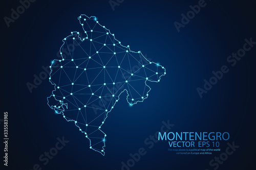 Abstract mash line and point scales on Dark background with map of Montenegro. Wire frame 3D mesh polygonal network line, design polygon sphere, dot and structure. Vector illustration eps 10.